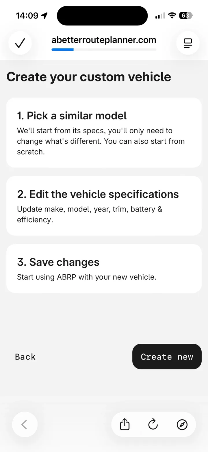 Screen recording of creating a custom vehicle in the ABRP app, from Add new vehicle to the new car selected